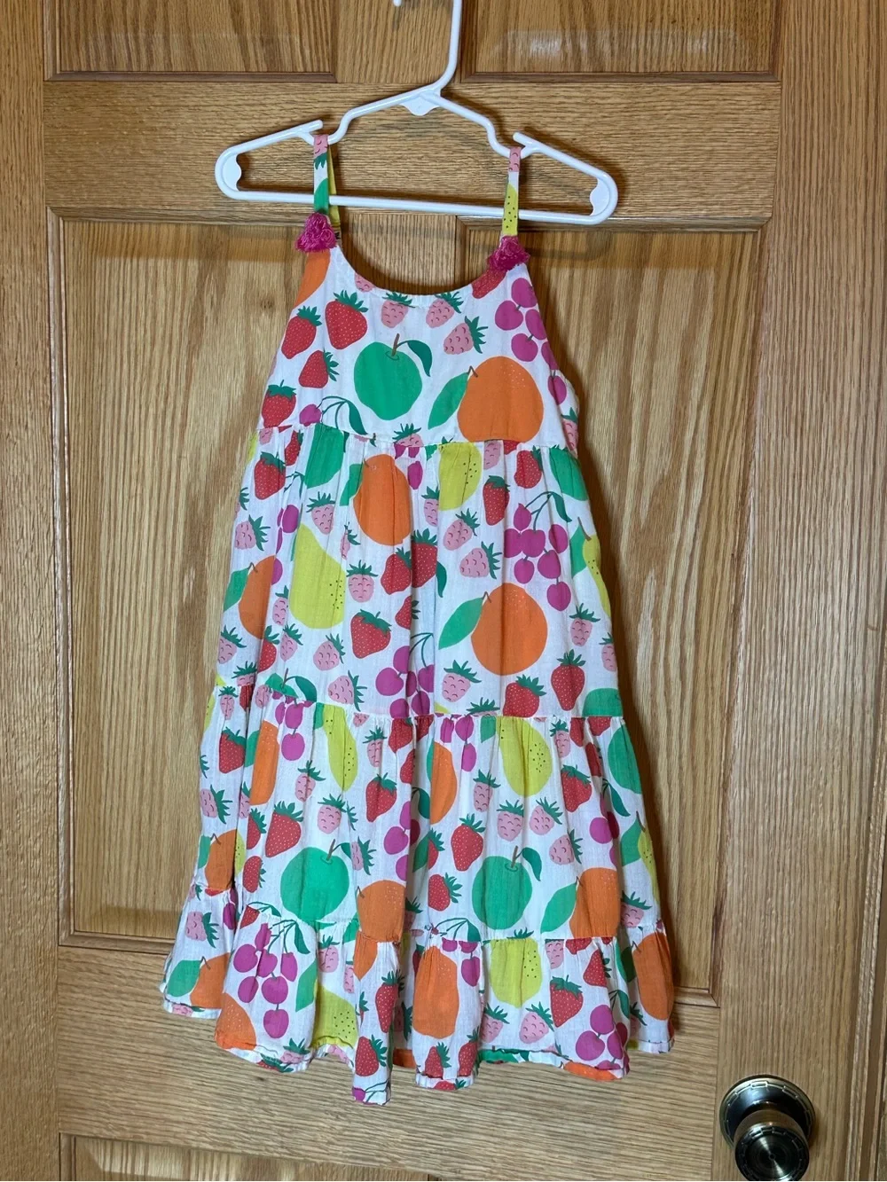 Mini Boden Tiered Tassel Dress Tutti Fruitti 5-6Y Girls Fruits Cotton